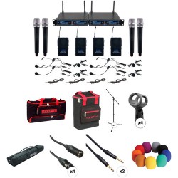 VocoPro UDH-4-Ultra 4-Channel Wireless Mic System with Handheld, Headset & Lav Mics, and Stage Accessories Kit (900 MHz)